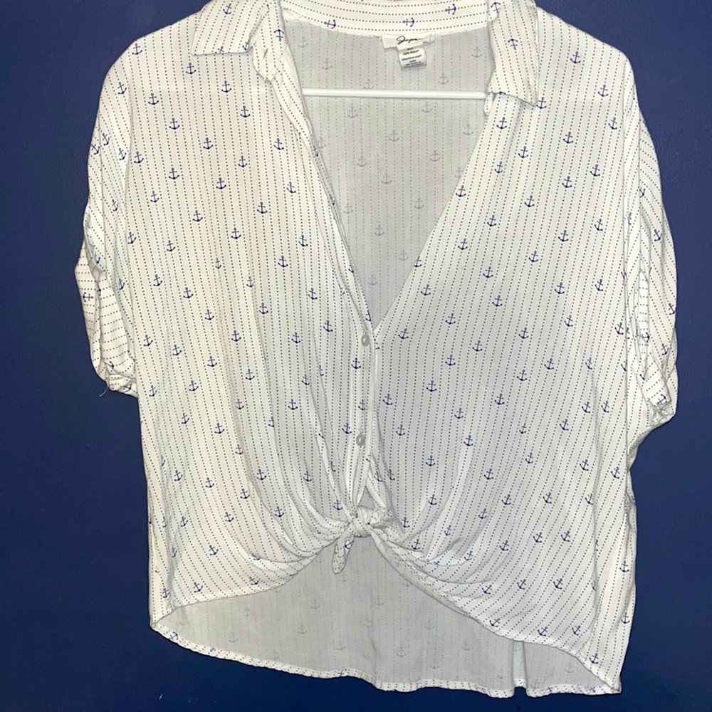Thin White Button-Up With Small Blue Anchors and Polka Dots Size M
